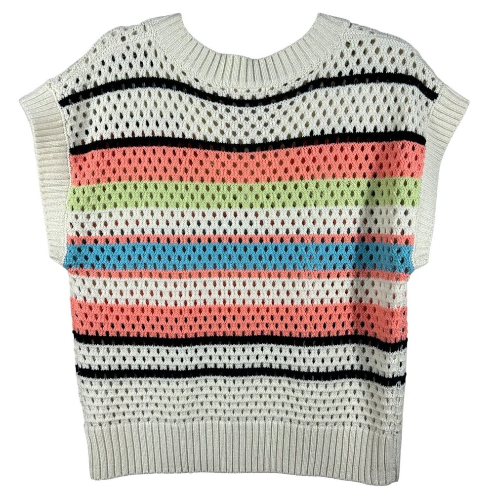 Vintage-Style Ces Femme Open-Knit Striped Sweater Vest V-Neck Medium Multicolor - Picture 2 of 7